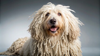 Graceful Komondor Dog Portrait with Copy Space for Pet Lovers and Dog Enthusiasts Featuring Fluffy Coat and Playful Expression