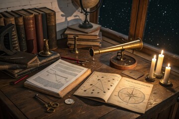 Obraz premium A study of astronomy with a telescope and star charts in a cozy room during the night under a starry sky