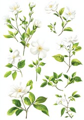 Delicate white blossoms with green leaves on a white background.