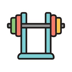 Colorful barbell on rack illustration, Illustration of a barbell with colorful weights placed on a rack, representing gym equipment, strength training, and fitness exercises.
