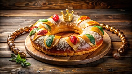 Kings Day Bread, Epiphany Cake, Wooden Background, Copy Space