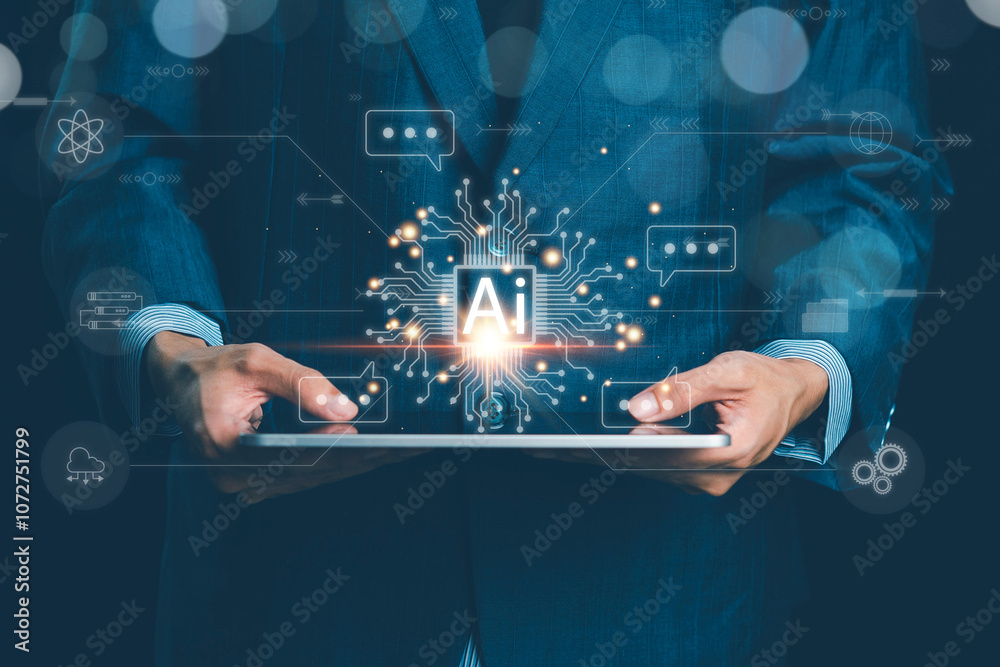 Poster ai technology, artificial intelligence. man using technology smart robot ai, artificial intelligence