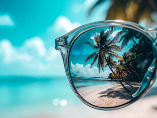 a pair of stylish sunglasses reflects the serene image of palm trees and a crystal clear ocean, perfectly representing the vibe of summer