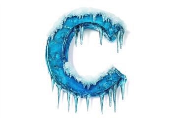 Frosty blue letter C with ice crystals and dripping frost on a pure white background, ideal for branding