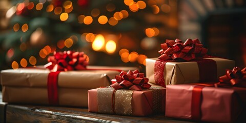 gift under a Christmas tree against the background of the fireplace