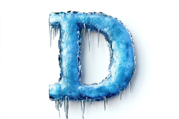 Frosty blue letter D with ice crystals and dripping frost on a pure white background, ideal for branding