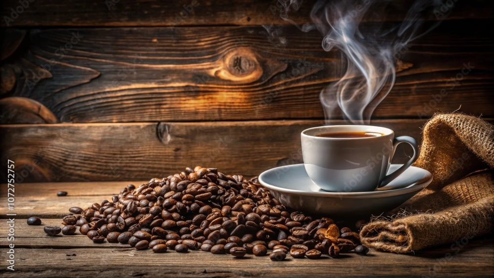 Poster steaming cup of coffee resting on a heap of roasted beans and a rustic wooden background