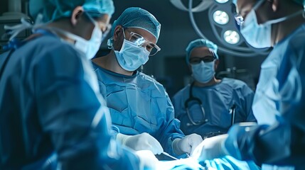 A focused image of surgeons in an operating room performing a complex procedure, illuminated by surgical lights. Ideal for themes of medical expertise, healthcare, and precision in surgery.