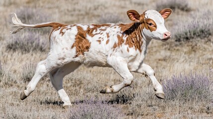 A brown and white calf runs through a grassy field.