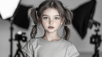 The little girl is taking photos in the studio