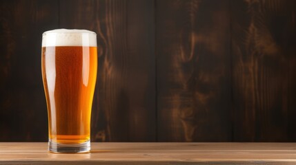 Freshly poured glass of beer with foam on wooden table against dark wood background