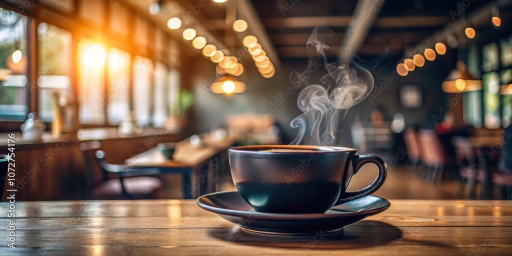 Poster A steaming cup of coffee on a wooden table in a cafe with a blurred background of light and tables