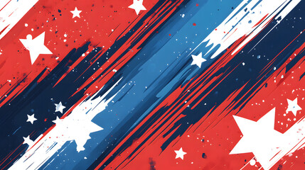 Abstract red and blue diagonal designs with white stars and dynamic visuals.