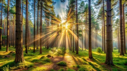 Obraz premium Sunlight Dappled Through a Forest of Tall Trees, Casting Long Shadows on the Green Grass