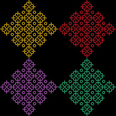 India stitch Kasuti embroidery fabric pattern needle work seamless geometric abstract culture decorative hand drawn tribal asian template printed colorful line artwork black background quilt wallpaper