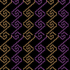 India stitch Kasuti embroidery fabric pattern needle work seamless geometric abstract culture decorative hand drawn tribal asian template printed colorful line artwork black background quilt wallpaper