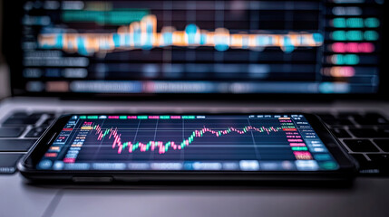 Home office with a laptop with gaphs of data of investment trading on crypto