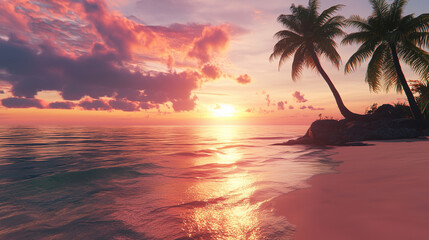 Bright tropical beach sunset palm tree panorama sea scenic view