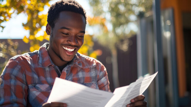 Smiling young African American man reviewing documents outdoors in a relaxed setting