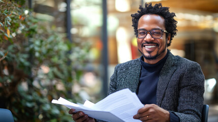 Smiling young African American man reviewing documents outdoors in a relaxed setting