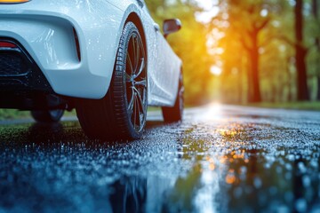 Cautious drive: vehicle carefully maneuvers on a slick road, illustrating the significance of maintaining control and awareness in adverse weather conditions to ensure safety and prevent accidents.