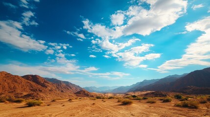 Breathtaking desert landscape with mountains under a blue sky, vibrant clouds and dry terrain.
