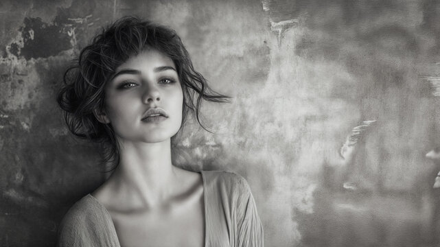 Black and white image of a woman with a sultry, alluring expression. Vintage portrait. She is leaning against a stone wall. Direct gaze. Copy space.