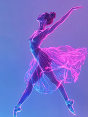 3D images of women dancing displayed by colorful neon lights and glowing holographic projections
