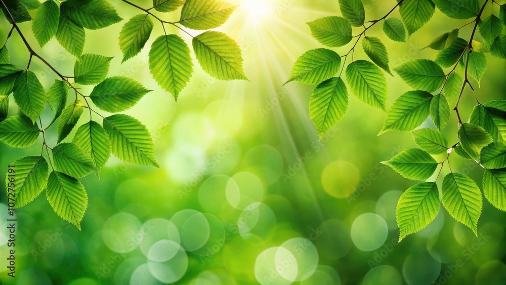 Poster sunlight filtering through a vibrant canopy of green leaves, creating a soft and dreamy ambiance.