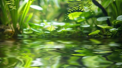 A serene and tranquil vivarium with clear water reflecting the bright green hues of the aquatic plants below.