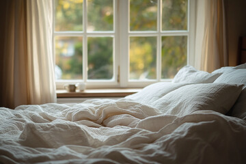Gentle stretching routine beside a bed as part of sleep hygiene.