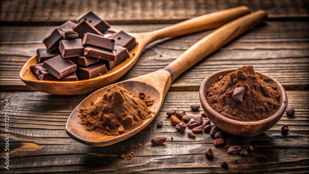 Poster a rustic wooden table displaying cocoa powder, chocolate squares, and cacao nibs in wooden bowls and