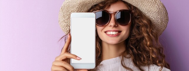 Advertising potential: girl displays smartphone with blank white screen, opportunities for advertising space and customizable text to engage audiences in digital marketing.
