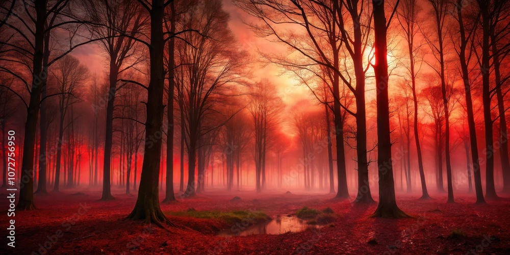 Aufkleber a sun-drenched forest landscape with mist filtering through tall trees, creating an ethereal and mag