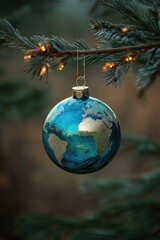 World globe ornament hanging on Christmas tree branch in blue and green colors with golden continents showing holiday spirit and global connection in soft focus background