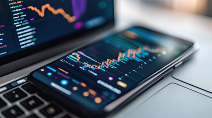 Home office with a laptop with gaphs of data of investment trading on crypto