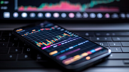 Home office with a laptop with gaphs of data of investment trading on crypto