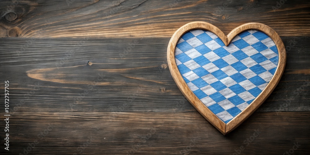 Poster A wooden heart shaped frame with a checkered pattern inside on a rustic wooden background