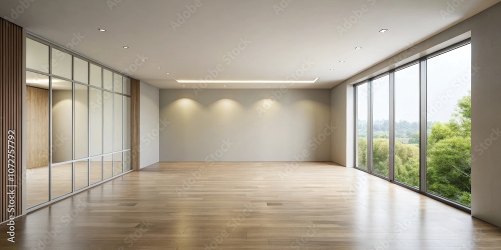 Poster a spacious room with large windows overlooking a lush green view, showcasing a clean and modern aest