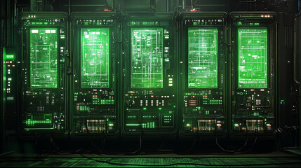 Futuristic server racks with glowing green holographic interfaces in a dimly lit, high-tech environment