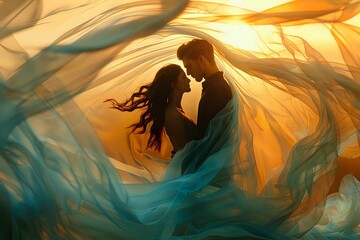 Silhouetted couple embracing amidst flowing fabric in warm sunlight, creating a dreamy and romantic atmosphere. Ideal for themes of love, romance, and intimacy.