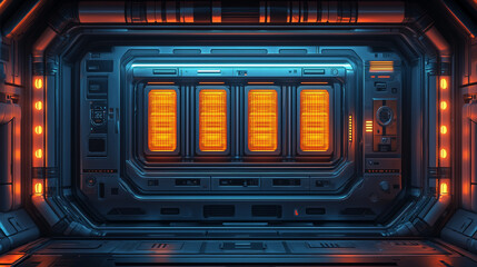 Obraz premium Futuristic sci-fi corridor with glowing orange energy panels, metallic textures, and cyberpunk lighting