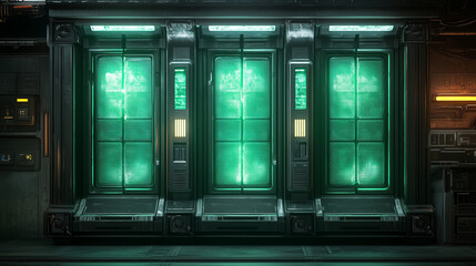 Futuristic sci-fi cryo chambers with green glowing lights in a high-tech industrial environment