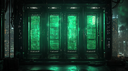 Green-lit data servers in a futuristic cyberpunk cityscape, evoking advanced technology and digital infrastructure