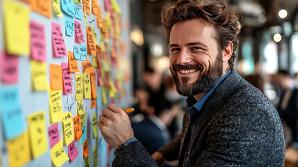 A man is smiling and writing on a whiteboard with colorful sticky notes