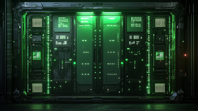 Futuristic server room with green illuminated panels and high-tech control interfaces, cyberpunk vibe