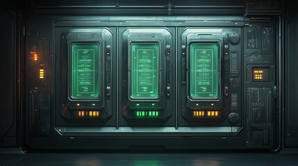 Futuristic server room with green glowing data panels and cyberpunk aesthetics