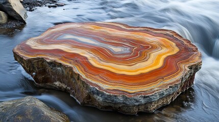 A colorful, banded, round rock lies in a riverbed.