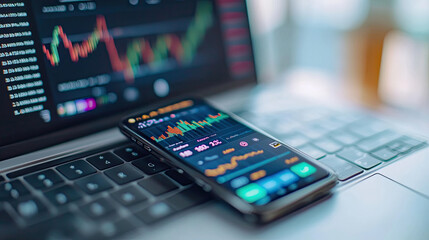 Home office with a laptop with gaphs of data of investment trading on crypto