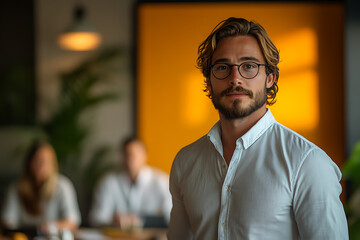Obraz premium A confident businessperson giving a presentation in a modern office, surrounded by a focused team, symbolizing motivation and drive for success in business and career. 